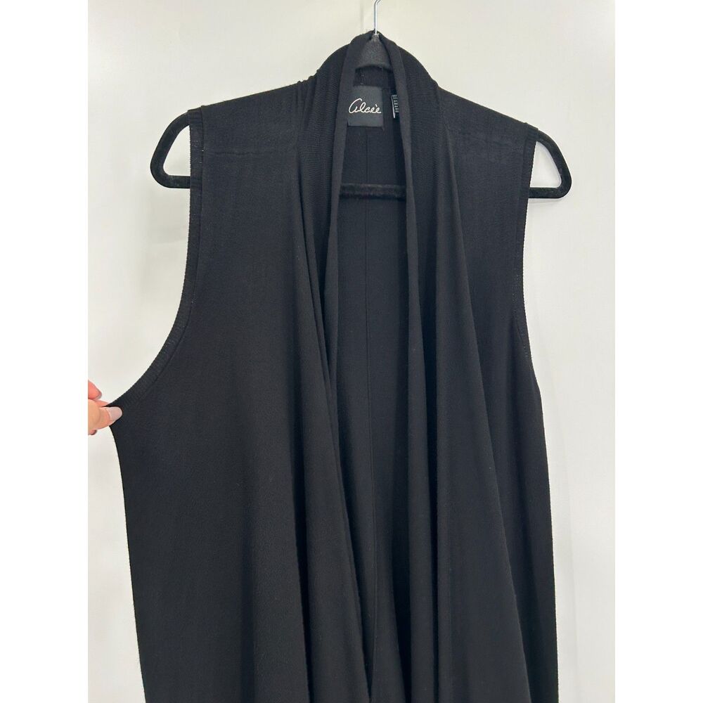 ALCEE Black Sleeveless Open Front Fringe Long Knit Duster Vest Cardigan Large - Picture 3 of 5